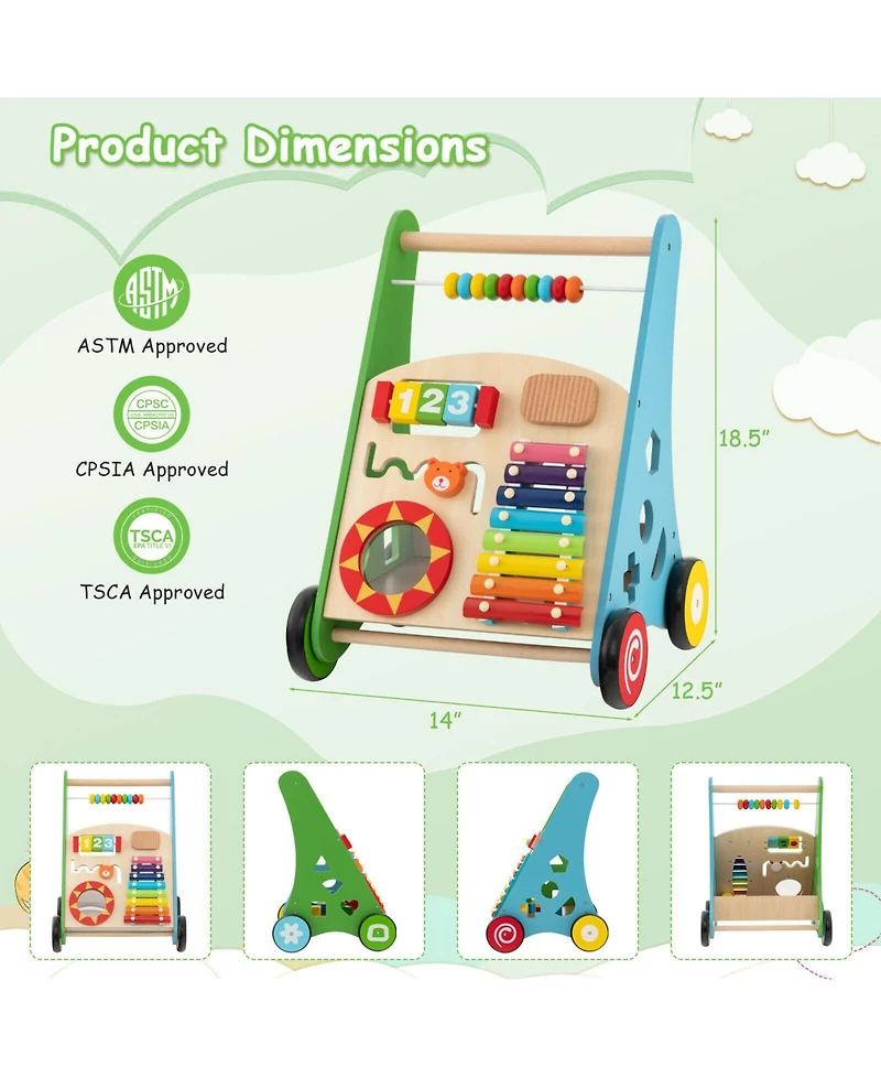 Toddler Push Walker with Burr-Free Handle and Built-In Activity Center for Learning