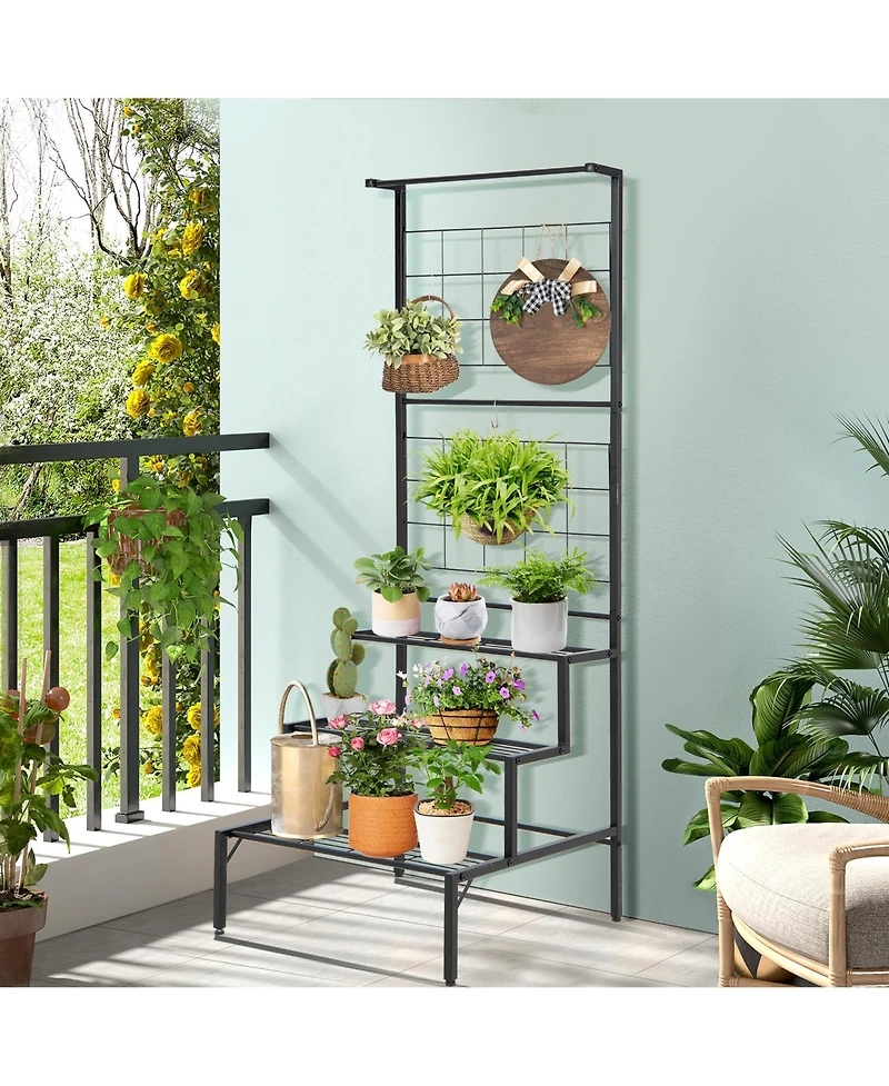 Gymax 3-Tier Hanging Plant Stand Flower Pot Organizer Rack w/Grid Panel Display Shelf