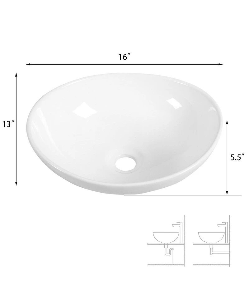 Costway Oval Bathroom Basin Ceramic Vessel Sink Bowl Vanity Porcelain w/ Pop Up Drain