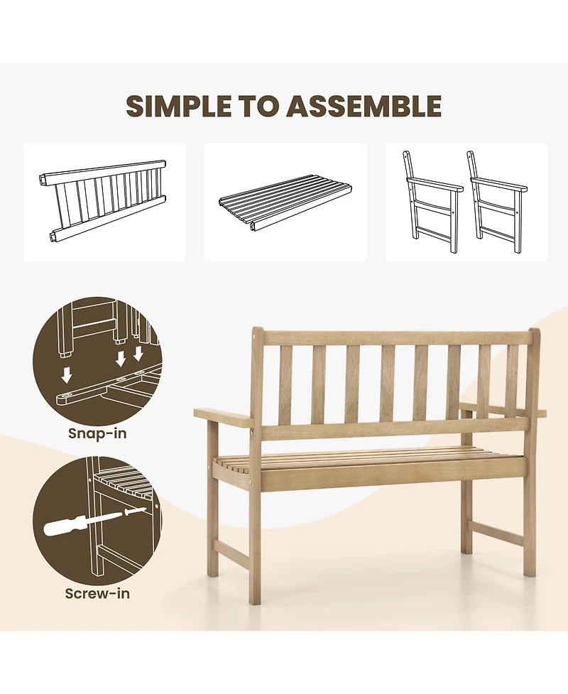 Teak Wood Garden Bench 2-Person Patio Bench with Backrest & Armrests