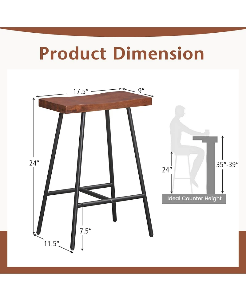 Costway Set of 2 Industrial Saddle Stool Counter Height Bar Stool Dining Pub Chair w/ Metal Frame