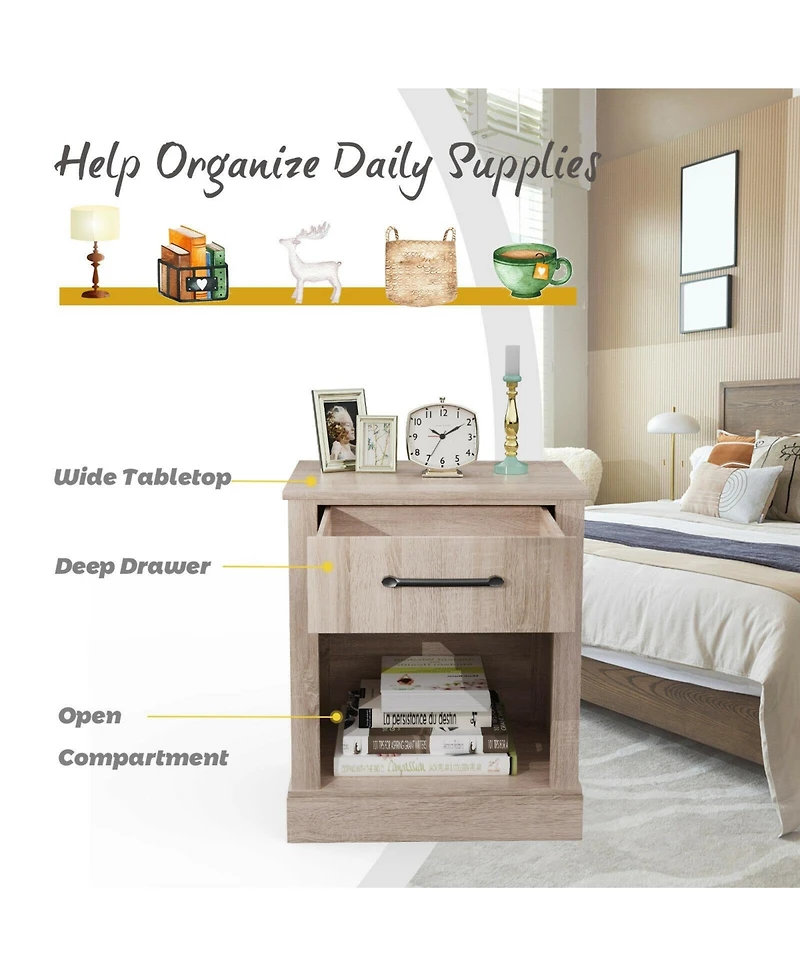 Sugift Compact Nightstand with Drawer and Open Compartment-Beige