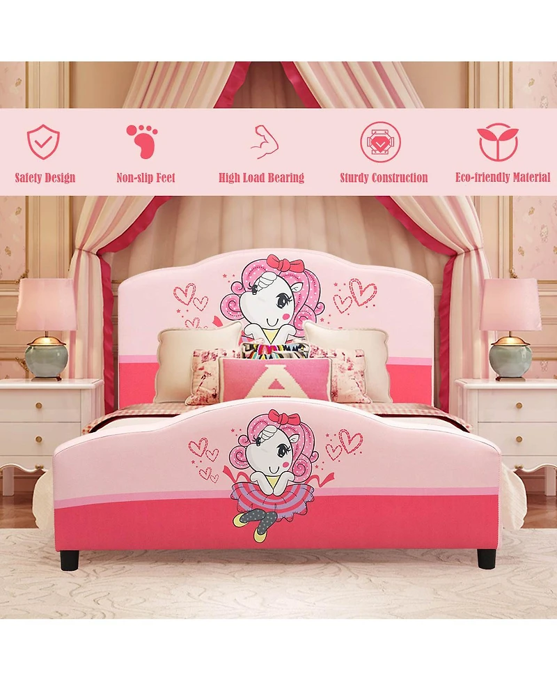 Costway Kids Children Upholstered Platform Toddler Bed Bedroom Furniture Girl Pattern