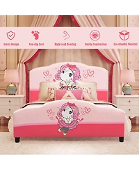 Costway Kids Children Upholstered Platform Toddler Bed Bedroom Furniture Girl Pattern
