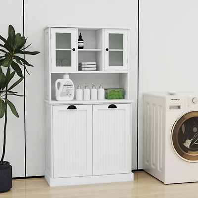 Two-Compartment Tilt-Out Dirty Laundry Basket Tall Bathroom Cabinet With 2 Adjustable Shelves-White