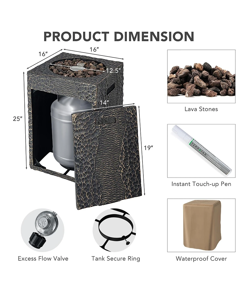 Costway 16'' Square Outdoor Propane Fire Pit w/Lava Rocks Waterproof Cover 30,000 Btu