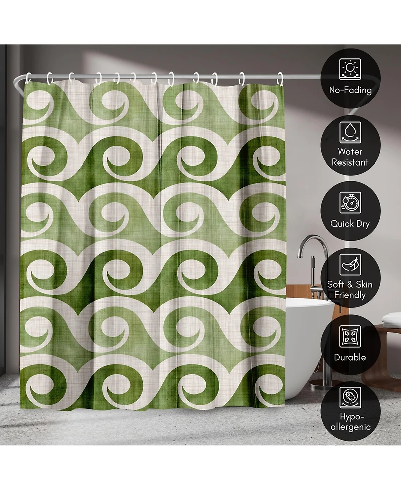71x74 Coastal Shower Curtain - Retro Waves In Green by Modern Tropical
