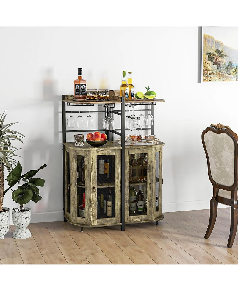 Sugift Industrial Corner Bar Cabinet with Glass Holder and Adjustable Shelf