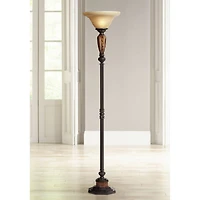 Sonnett Industrial Vintage like Torchiere Floor Lamp Standing 72" Tall Bronze Brown Faux Marble Alabaster Glass Shade Decor for Living Room Readi