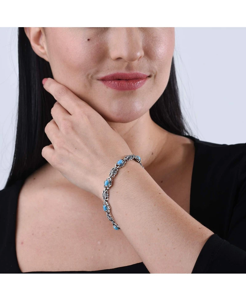 American West Jewelry Sterling Silver Women's Link Bracelet Oval Blue Turquoise Gemstone Size Small - Large