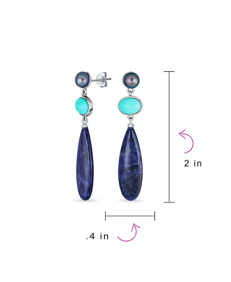 Bling Jewelry Multi Shape 3 Multi-Tier Dangling Cultured Freshwater Grey Pearl Blue Natural Turquoise Navy Sodalite Long Teardrop Earrings