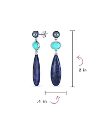Bling Jewelry Multi Shape 3 Multi-Tier Dangling Cultured Freshwater Grey Pearl Blue Natural Turquoise Navy Sodalite Long Teardrop Earrings