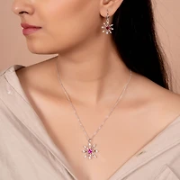 Holiday Party Christmas Pink Rose Cz Clear Cubic Zirconia Snowflake Necklace Pendant Dangling Earrings Jewelry Set For Women Lever Back .925 sterling