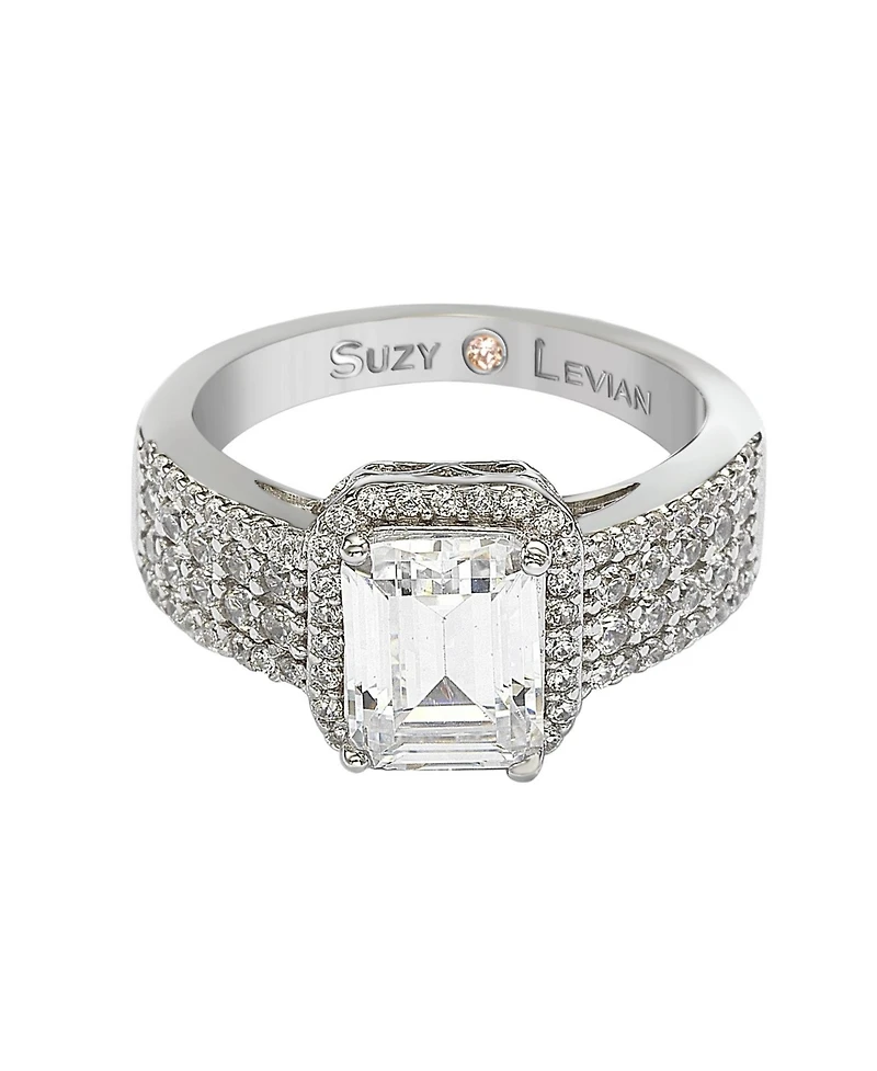 Suzy Levian Sterling Silver Cubic Zirconia Emerald-Cut Halo Ring
