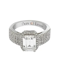 Suzy Levian Sterling Silver Cubic Zirconia Emerald-Cut Halo Ring