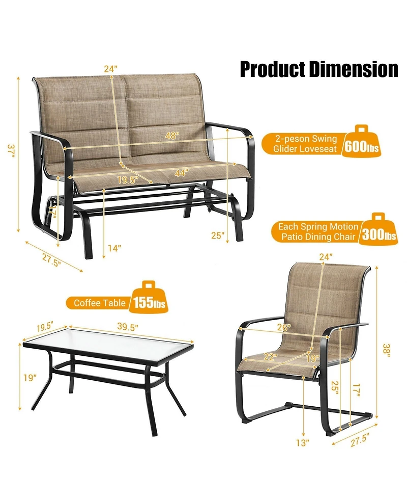 Sugift 4 Pieces Outdoor Patio Conversation Sets with Padded Glider Loveseat and Coffee Table
