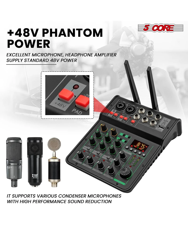 5 Core Audio Mixer 4 Channel • Dj Equipment Digital Sound Board • Karaoke Xlr Mixers w Bluetooth Usb