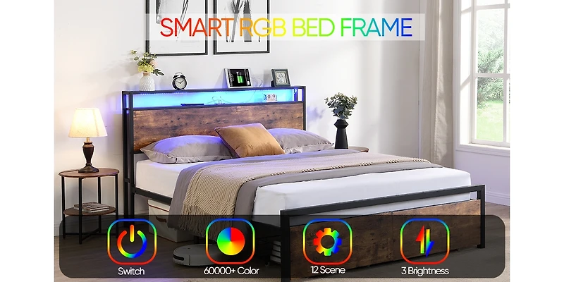 Streamdale Queen Size Storage Bed with Led Lights & Charging Station