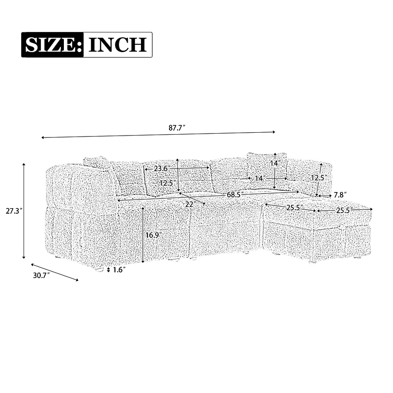 87.7" Sectional Sofa Cozy Teddy Fleece Fabric Sectional Sofa Couch With Two Usb Ports