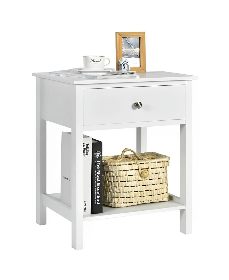 Sugift Wooden Storage Shelf Nightstands with Drawer for Bedroom and Living Room-White