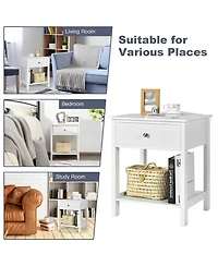 Sugift Wooden Storage Shelf Nightstands with Drawer for Bedroom and Living Room-White