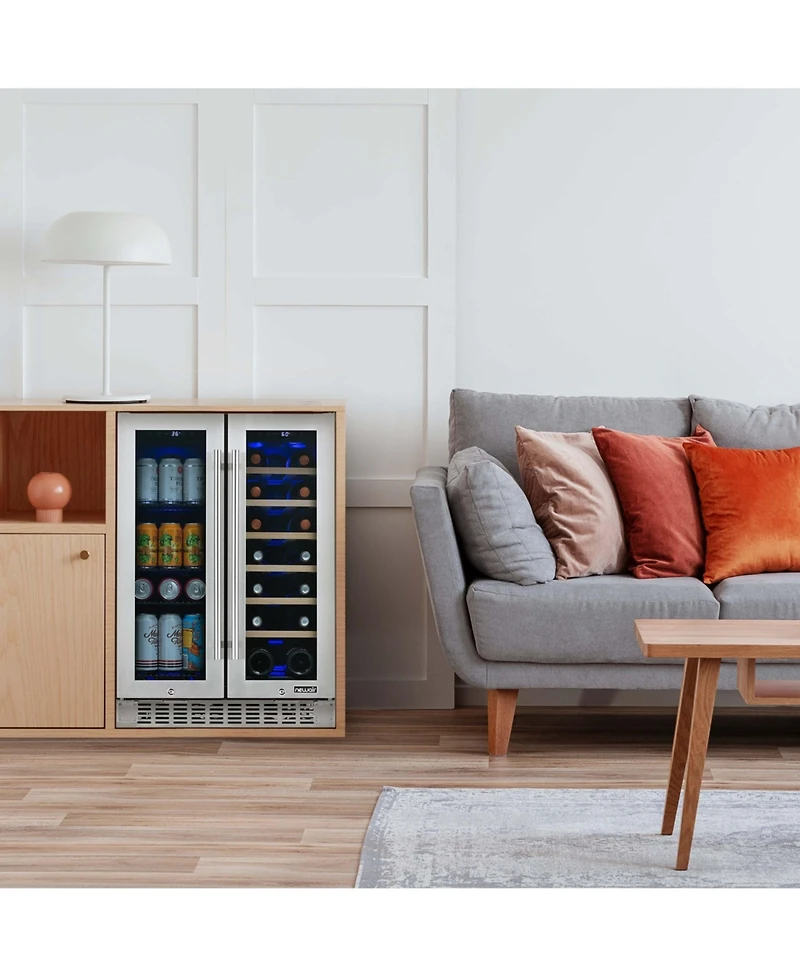Newair 24 Inch Premium Built-in Dual Zone 20 Bottle and 60 Can French Door Wine and Beverage Fridge in Stainless Steel with SplitShelf and Beech Wood