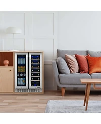 Newair 24 Inch Premium Built-in Dual Zone 20 Bottle and 60 Can French Door Wine and Beverage Fridge in Stainless Steel with SplitShelf and Beech Wood