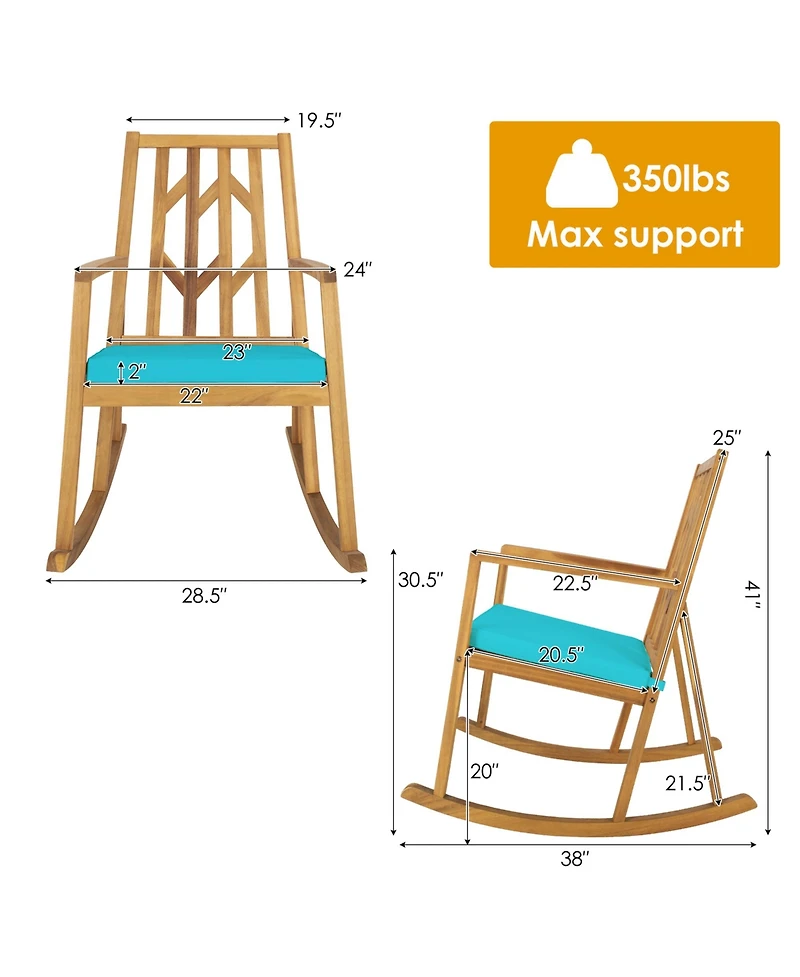 Gymax Outdoor Acacia Wood Rocking Chair Wooden Patio Rocker w/ Turquoise Cushion