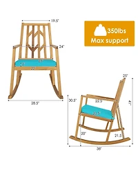 Gymax Outdoor Acacia Wood Rocking Chair Wooden Patio Rocker w/ Turquoise Cushion