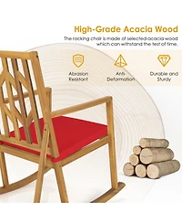 Gymax Outdoor Acacia Wood Rocking Chair Wooden Patio Rocker w/ Red Cushion