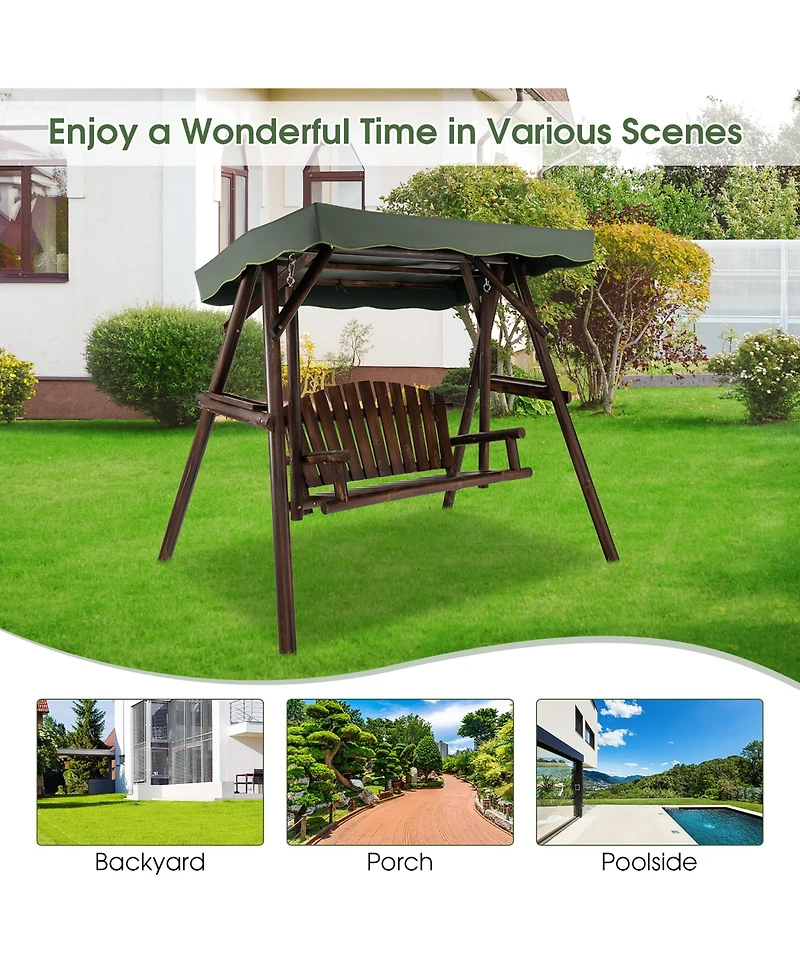 Costway 2 Person Wooden Garden Swing Bench Chair w/ Adjustable Canopy for Garden Porch