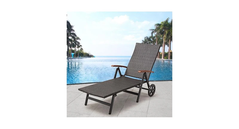 Slickblue Folding Back Adjustable Aluminum Rattan Recliner Lounger Wheels