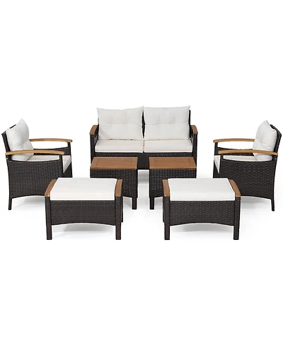 7PCS Patio Rattan Furniture Set Cushion Armrest Loveseat Ottoman Table