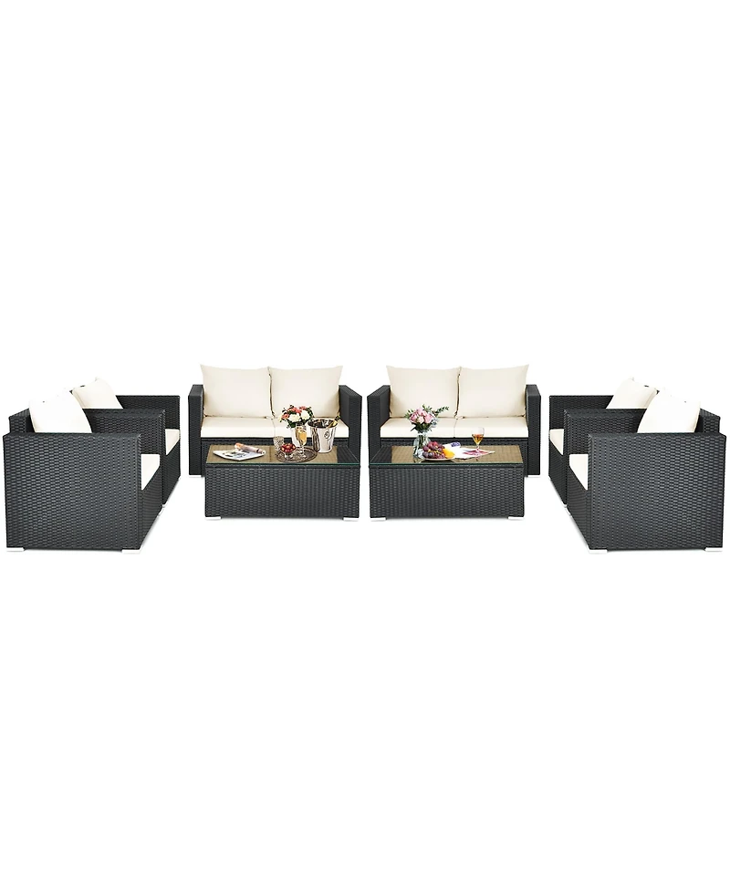 Costway 8PCS Patio Rattan Furniture Set Cushioned Sofa Chair Coffee Table Black