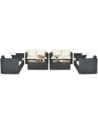 Costway 8PCS Patio Rattan Furniture Set Cushioned Sofa Chair Coffee Table Black