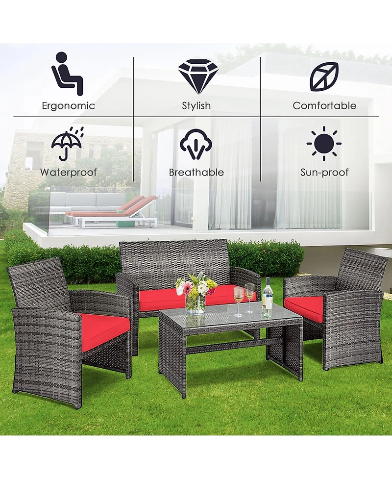 Costway 8PCS Patio Rattan Furniture Set Conversation Glass Table Top Cushioned Sofa