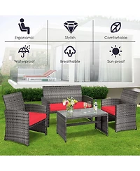 Costway 8PCS Patio Rattan Furniture Set Conversation Glass Table Top Cushioned Sofa
