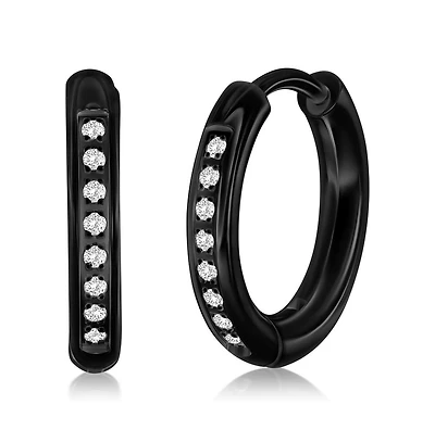 Metallo Stainless Steel, Gold Plated or Black over Steel 15mm Cz Huggie Hoop Earrings