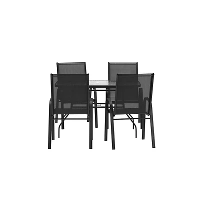 Merrick Lane Bardwell 5 Piece Outdoor Dining Table Set For 4 With Glass-Top Patio And Stack Chairs Flex Comfort Material