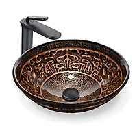 Aquaterior Round Tempered Glass Vessel Sink w/ Bathroom Single-Hole Faucet Drain
