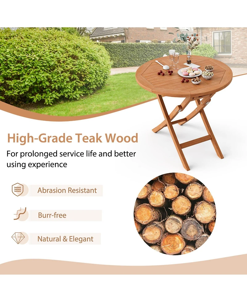 Slickblue 31.5 Inch Folding Patio Indonesia Teak Wood Round Coffee Table
