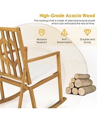 Gymax Set of 2 Outdoor Acacia Wood Rocking Chair Wooden Patio Rocker w/ Beige Cushion
