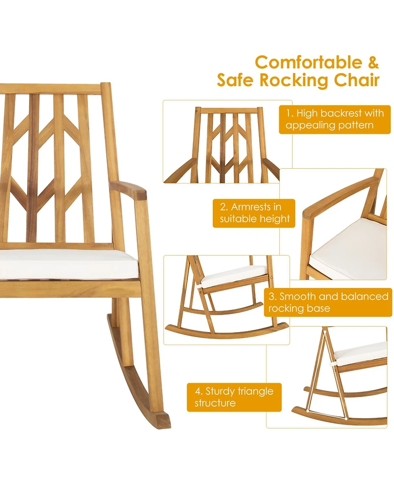 Gymax Set of 2 Outdoor Acacia Wood Rocking Chair Wooden Patio Rocker w/ Beige Cushion