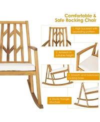 Gymax Set of 2 Outdoor Acacia Wood Rocking Chair Wooden Patio Rocker w/ Beige Cushion