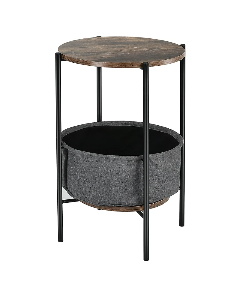 Industrial Round End Side Table Sofa Coffee Table w/ Storage Basket&Metal Frame