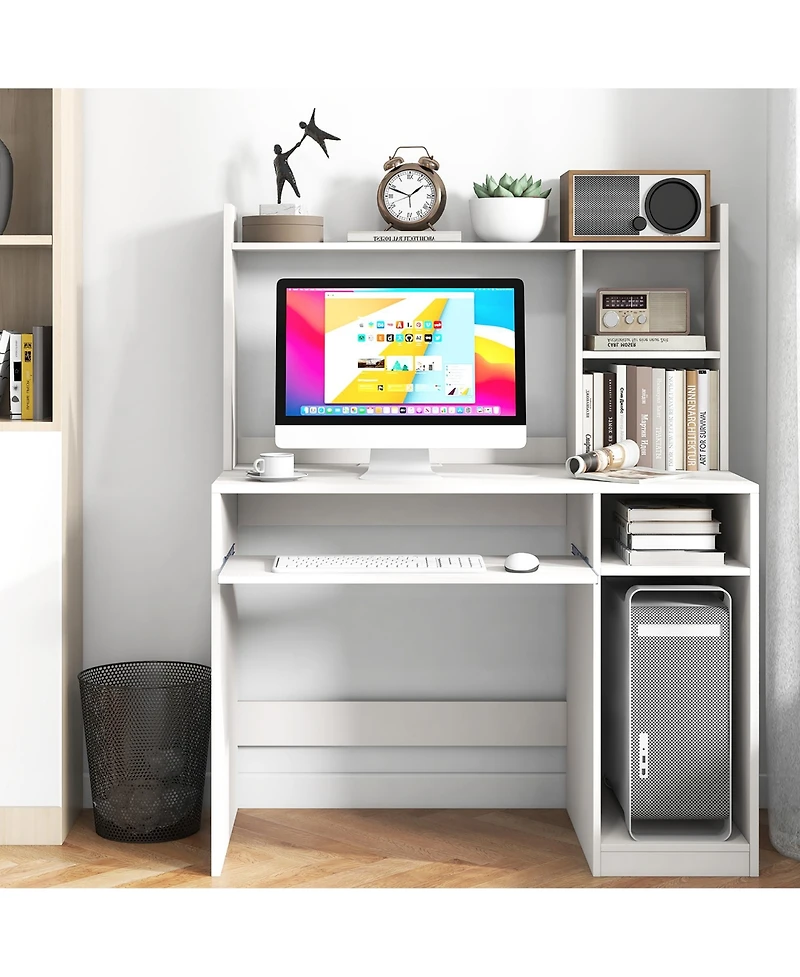 Gymax Computer Desk w/ Built-in Charge Station Wooden Writing Desk w/ Storage Hutch