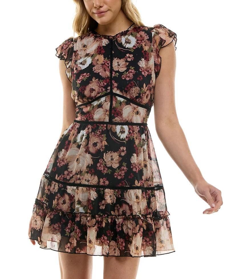 Trixxi Juniors' Printed Tiered-Ruffle Short-Sleeve Dress