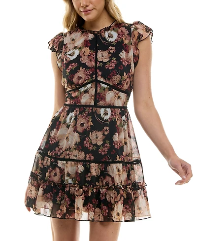 Trixxi Juniors' Printed Tiered-Ruffle Short-Sleeve Dress