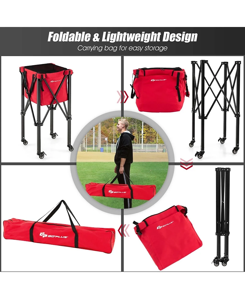 Foldable Tennis Ball Hopper Basket Portable Travel Teaching Cart with Wheels & Bag
