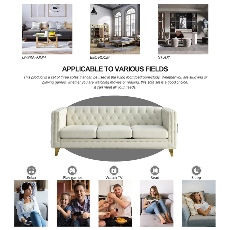 Streamdale Furniture Beige Velvet Sofa with Tufted Arms and Metal Legs